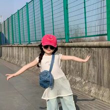 韩国童装女童套装2024夏装女孩镂空侧开叉背心裙罩衫印花字母背心