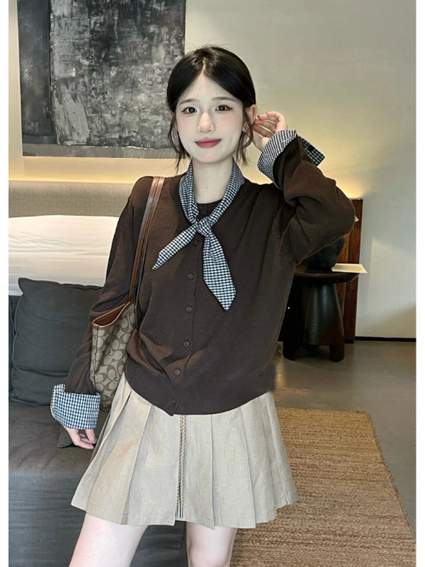 早秋新款假两件圆领毛衣外套女装2025韩系高级感气质针织开衫上衣|undefined