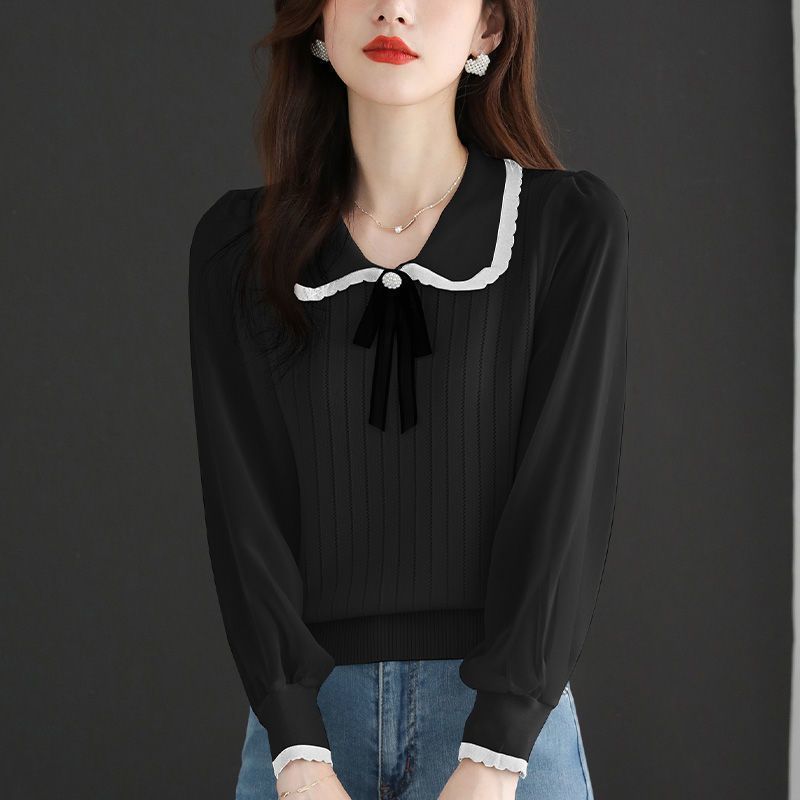 娃娃领长袖T恤女春秋2025新款减龄翻领针织衫洋气小衫蕾丝打底衫|undefined