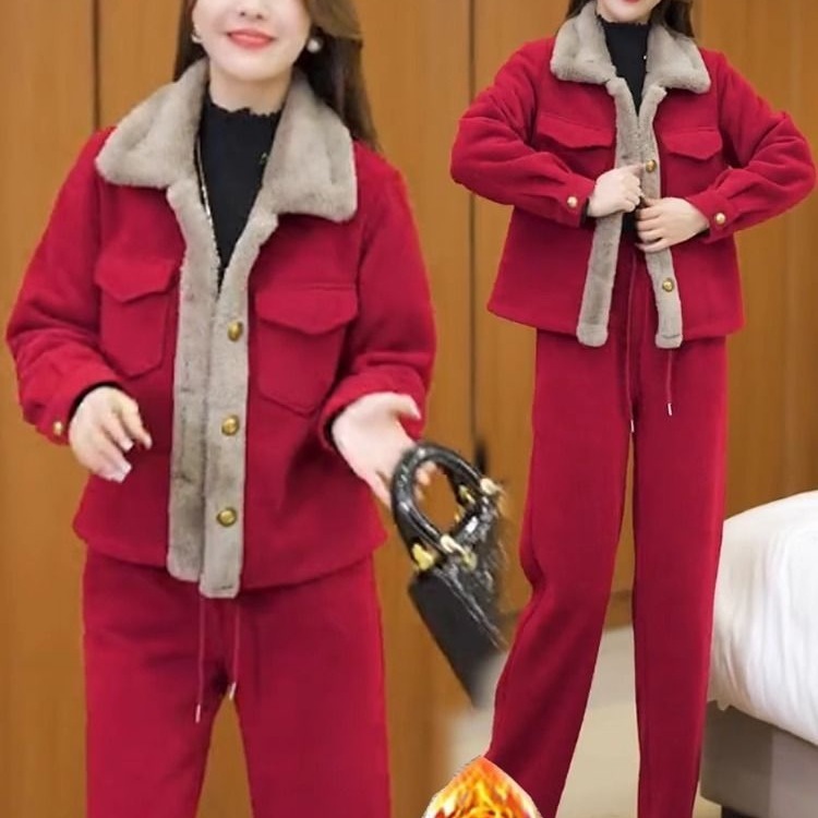 灯芯绒加绒加厚套装女2025新款秋冬时尚直筒裤休闲保暖两件套|undefined