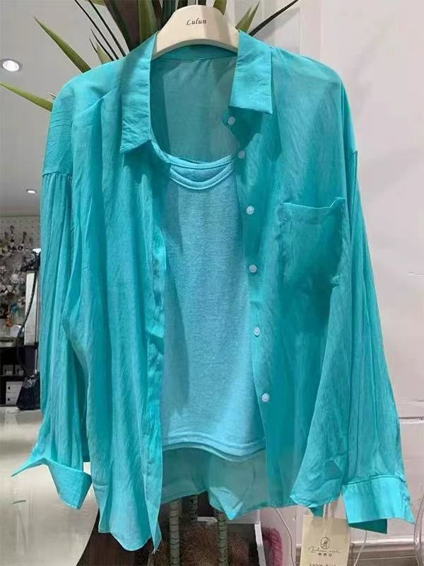 Lake Blue Lyocell Sun Protection Shirt for Men and Women in Summer, Light and Loose, Lazy Style Long-Sleeved Shirt Jacket