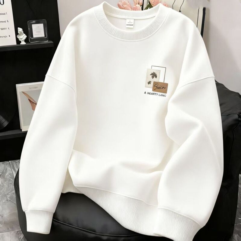 Autumn and Winter Men's New Sweatshirt Fleece-Lined Long-Sleeved Heavy Round Neck Men's Trendy Youth Jacket Top Warm and High-End