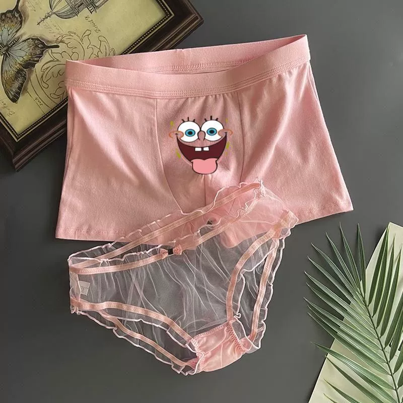 Нижнее белье для пары Губки Боба, один мужчина и одна женщина, розовое милое мультяшное сексуальное кружевное летнее бесшовное ледяное шелковое белье для мужчин и женщин