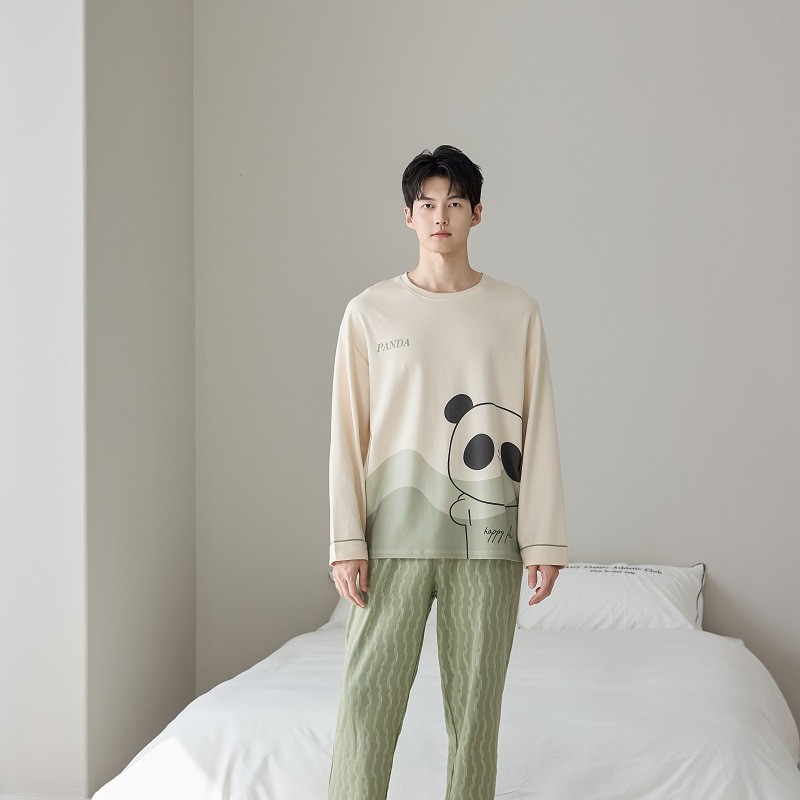 Pajamas for Men Spring and Autum 2025 New Round Neck Casual Cute Long-Sleeved Pants Suit Can Be Worn Outside Home Clothes for Men