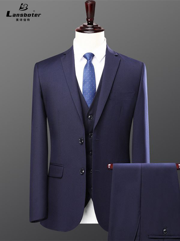 Bộ vest nam hai mảnh dáng ôm, áo vest cổ bẻ phẳng một hàng cúc, lễ phục cưới và đi làm — Bộ áo và quần một cúc màu xanh navy, Bộ đồ hai cúc màu xanh tím than (áo + quần), Bộ đồ hai cúc màu xám (áo + quần), Bộ đồ màu xám một cúc (áo + quần)