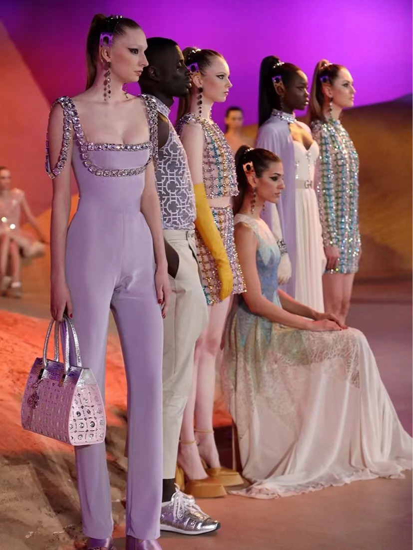Cuidado beso nueva Alta cintura mono luz púrpura moda gran rhinestone Pantalones anchos de la pierna image 3