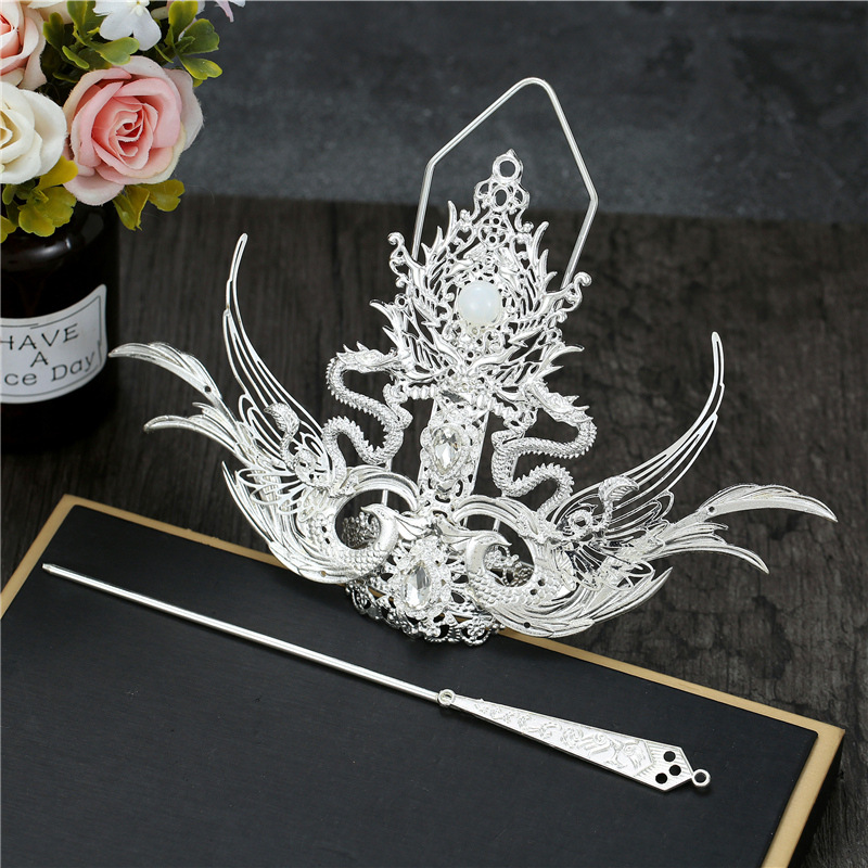 Original Fairy-Style Ancient Chinese Han Dynasty Hair Crown Silver Suit Copper-Plated Color-Preserving Classical Men's and Women's Palace Martial Arts Hair Accessories