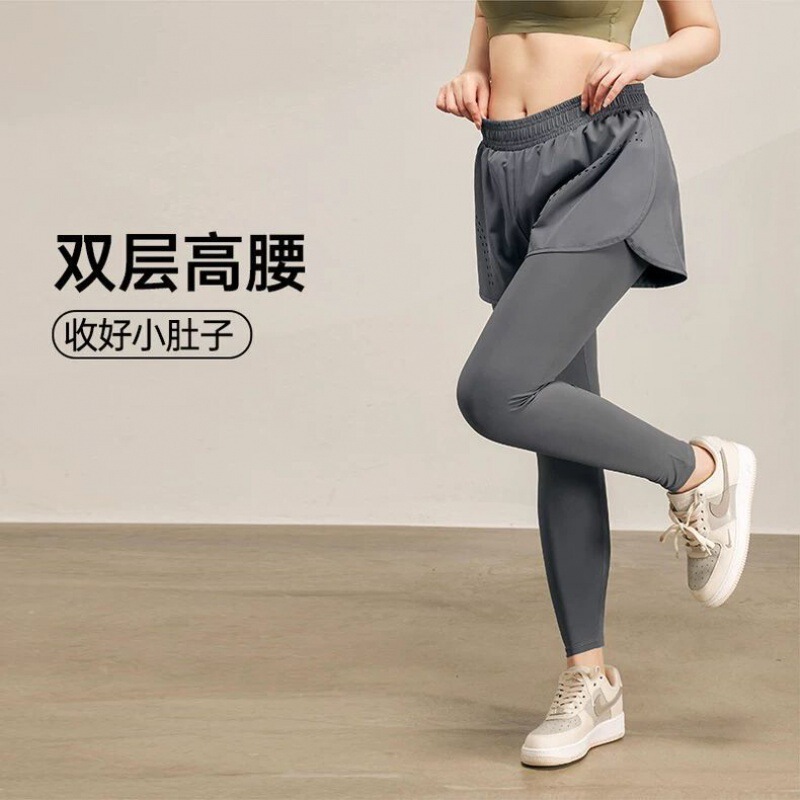 Fake Two-piece Sports Pants with Pocket Women's Running Quick-drying Fitness Pants High Waist Hip-lifting Breathable Tight Yoga Pants Spring and Summer