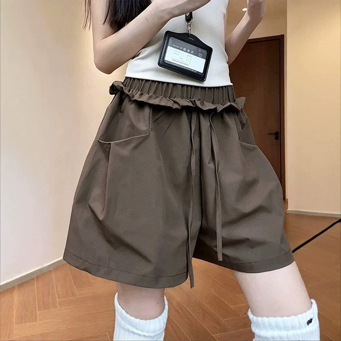 Korean-style coffee-colored ruffled hem bloomers sports shorts for women, summer thin drawstring large pocket wide-leg three-quarter cargo pants Korean-style coffee-colored ruffled hem bloomers sports shorts for women, summer thin drawstring large pocket wide-leg three-quarter cargo pants