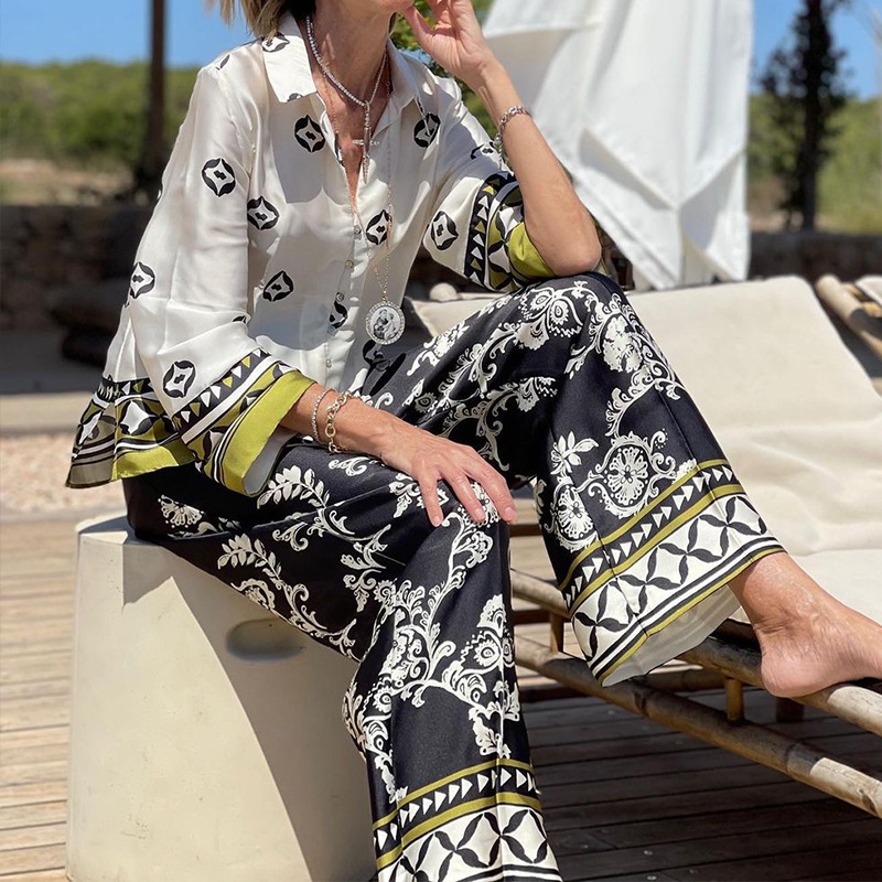 Conjunto casual de camisa y pantalón para mujer, estampado moderno
