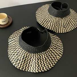 古法氛围感条纹高级纸编空顶帽女夏季出游大帽檐手工防晒草帽海边