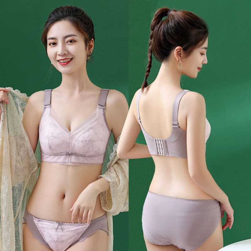 Plus Size Thin Set Underwear Women's Full Cup Bra Without Steel Wire Adjustable Big Chest Small Chest Show Bra No Magnetic Absorb Side Breast 