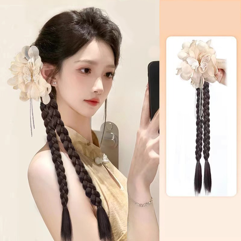 Wig ponytail female artificial hair natural realistic butterfly flower tassel double twist side sweet cool boxing braid wig Wig ponytail female artificial hair natural realistic butterfly flower tassel double twist side sweet cool boxing braid wig