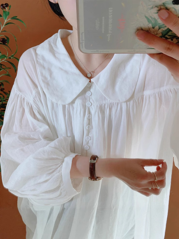 日系森女娃娃领文艺棉麻白衬衫长袖女秋季复古灯笼袖苎麻衬衣大码|undefined