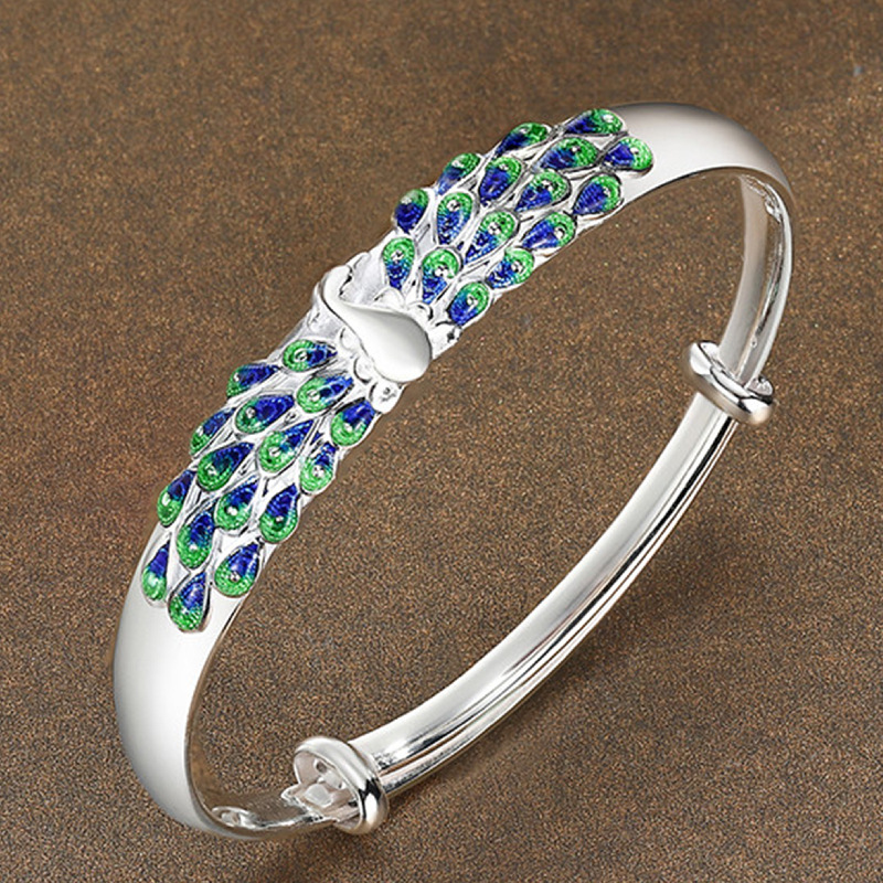 韩版景泰蓝烤漆滴胶孔雀手镯名族风烧蓝孔雀开屏手镯可爱手环礼物