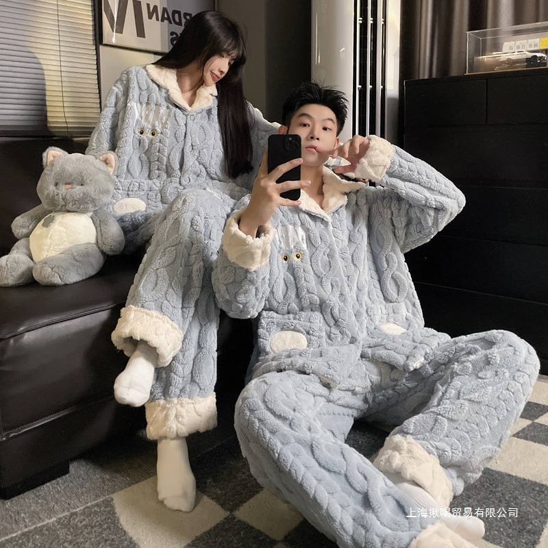 设计感男女秋冬季珊瑚绒睡衣情侣法兰绒加肥大码加厚绒家居服套装