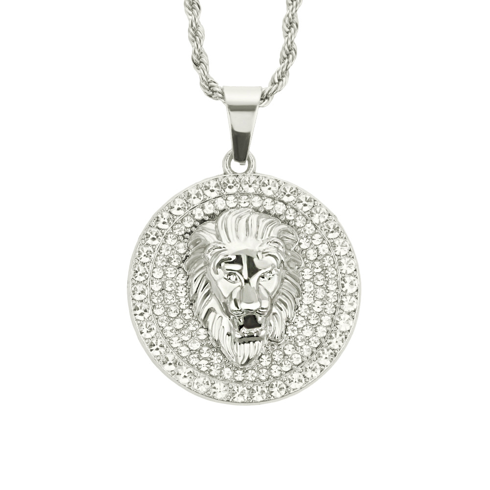 AliExpress deseo Venta caliente popular tridimensional diamante incrustado redondo cabeza de león collar de moda de los hombres hiphop colgante de la joyería