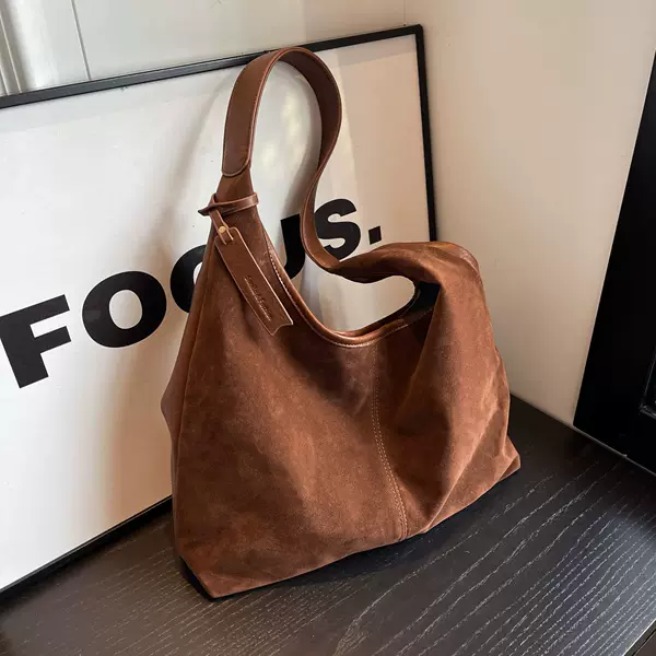 Vintage Suede Stitching PU Women's Shoulder Bag 2024 Fashionable Hobo Large Capacity Commuting Simple Lightweight Shoulder Bag