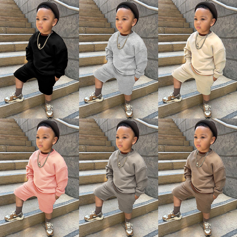 Amazon ebay children's clothing autumn and winter children's solid color long sleeve sweater shorts suit Western style big children's autumn New