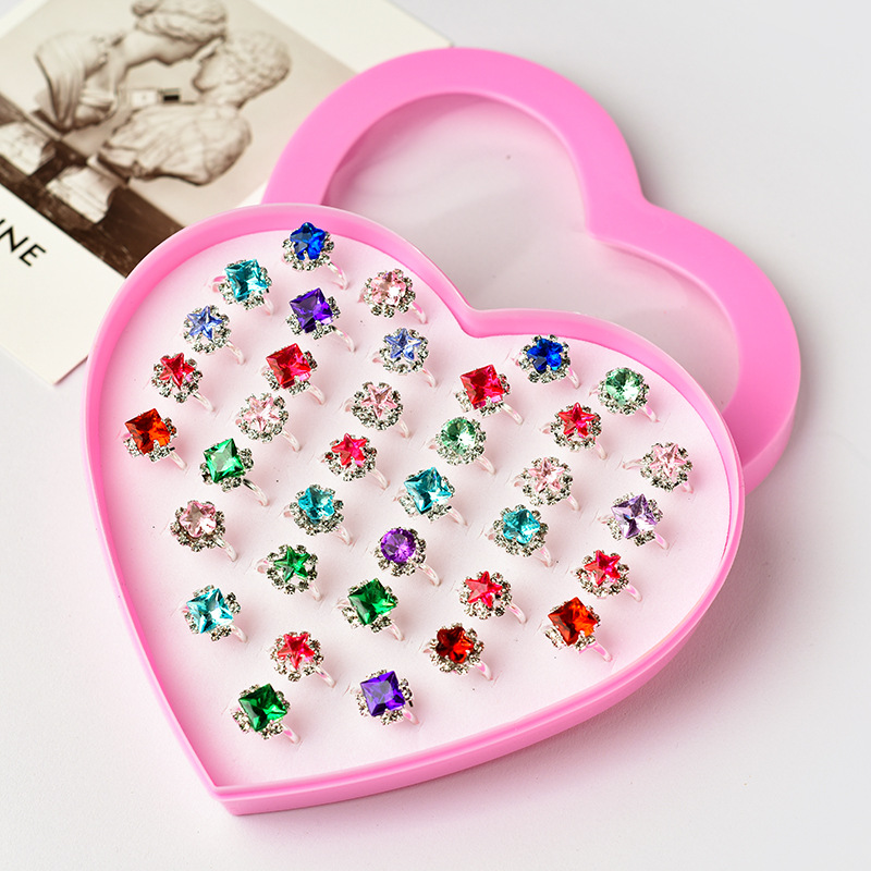 Anillo DE LOS NIÑOS caja de regalo caja de amor del estudiante traje rhinestone niñas anillo ajustable 36 princesa anillos