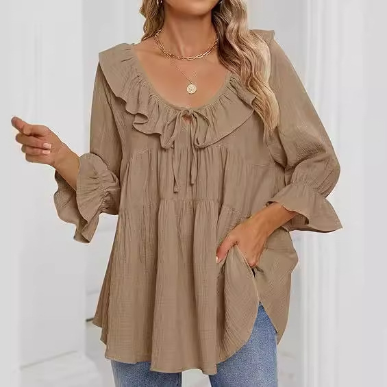 2024 European and American Amazon Women's Round Neck Casual Lace-up Front Pleat Multi-layer Loose Waist Shirt Autumn Clothing