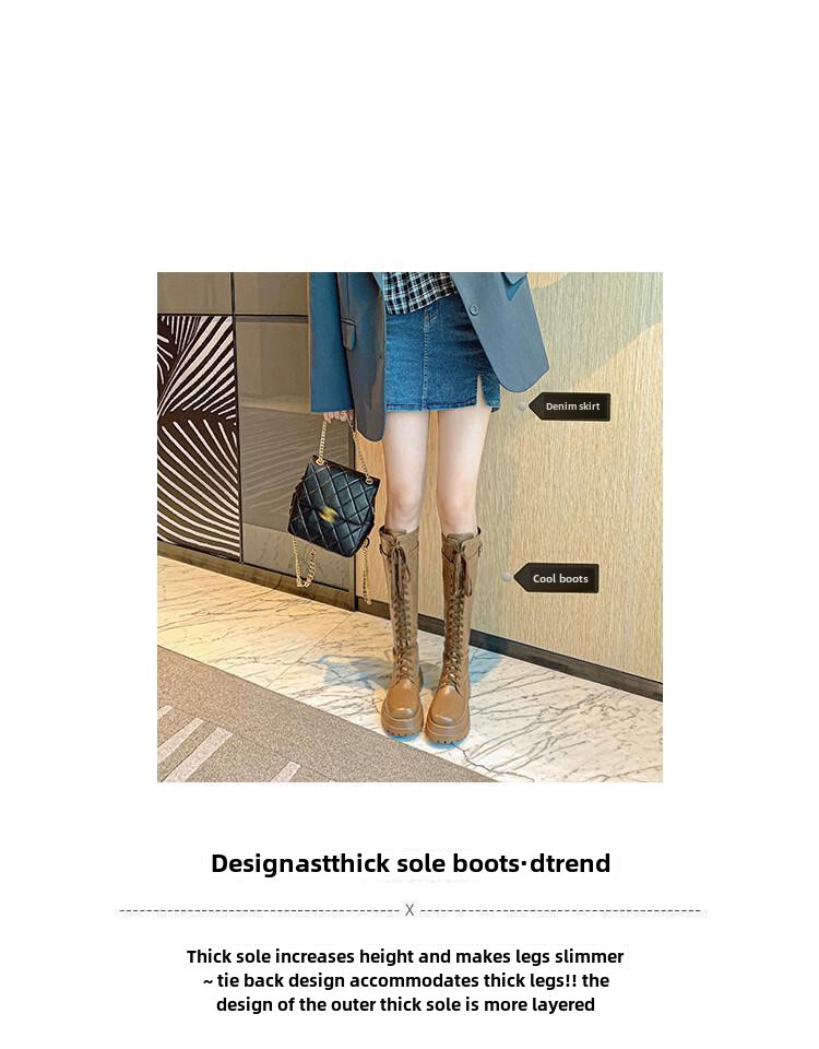 Reuzenbeen Lange knappe voorkant vetersluiting effen kleur ridderlaarzen dames nieuwe dikke zool maar knie afslankende lange laarzen hoge laarzen trendy_voghion.com