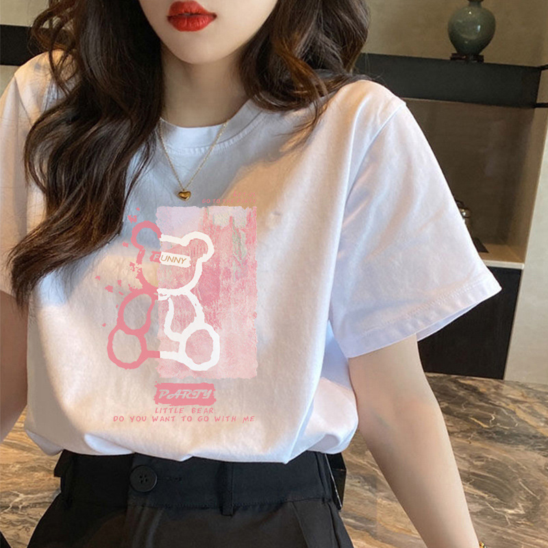 Pure Cotton Bear Short-Sleeved T-Shirt for Women Summer 2026 New Harajuku Style Design Niche White Half-Sleeved T-Shirt Ins Trend