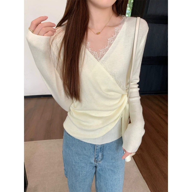 NUNBAI Demi-season lace small design knitted long-sleeve, Korean style, trend of season