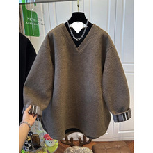 V领加绒加厚保暖纯色毛呢卫衣女上衣今年流行叠穿百搭2025冬新款