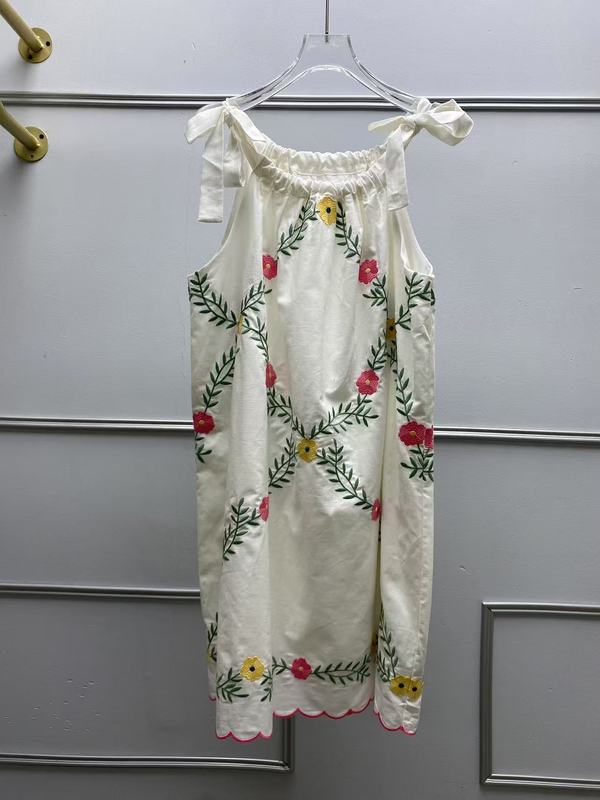 法式SZ家25夏季新品甜美田园风刺绣花朵无袖宽松蝴蝶结挂脖吊带裙|undefined