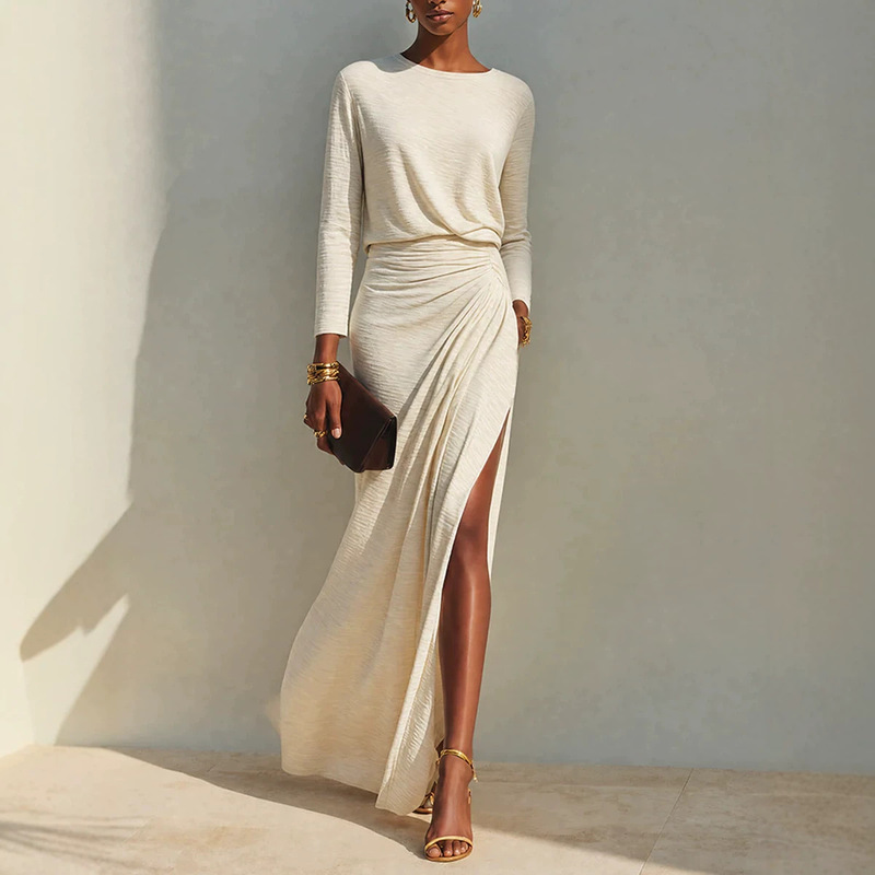2026 European and American Amazon high-slit long-sleeve dress for women, round neck, solid color, pleated, slim-fit, elegant long dress 2026 European and American Amazon high-slit long-sleeve dress for women, round neck, solid color, pleated, slim-fit, elegant long dress