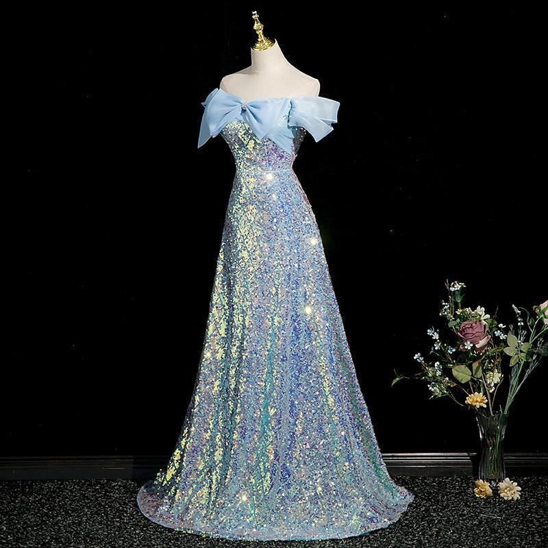 French Evening Dress Female Banquet Elegant 2025 New Student Day Blue Sequined One-Shoulder Student Art Exam Dress French Evening Dress Female Banquet Elegant 2025 New Student Day Blue Sequined One-Shoulder Student Art Exam Dress