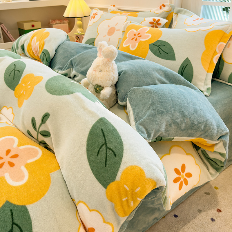 Invierno de coral cubierta de edredón de una sola pieza de invierno de peluche de doble cara de peluche de leche de cuatro piezas de cubierta de edredón de una sola persona engrosada