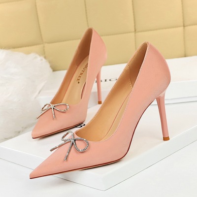 1932-3 han edition fashion high heels for women's shoes high heel with shallow mouth sweet pointed bow diamond single sh