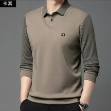跨境外贸站外代发男士加绒假两件t恤衫商务休闲一体绒套头打底衫