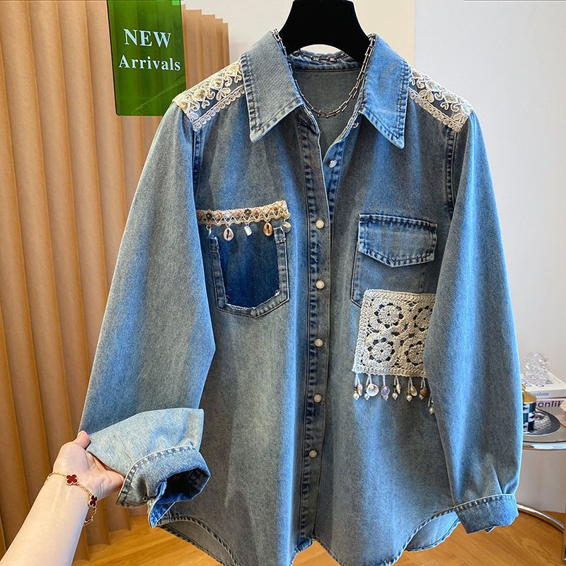 Shenzhen Nanyou European Denim Shirt Women's Spring 2025 New Loose Lace Epaulet Patchwork Shirt Jacket Top