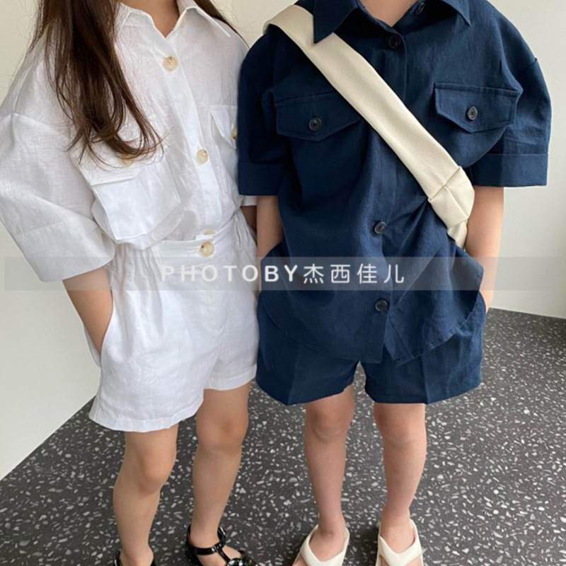 Ins Korean-style summer new boys and girls fashion style handsome double pocket lapel shirt shorts two-piece suit