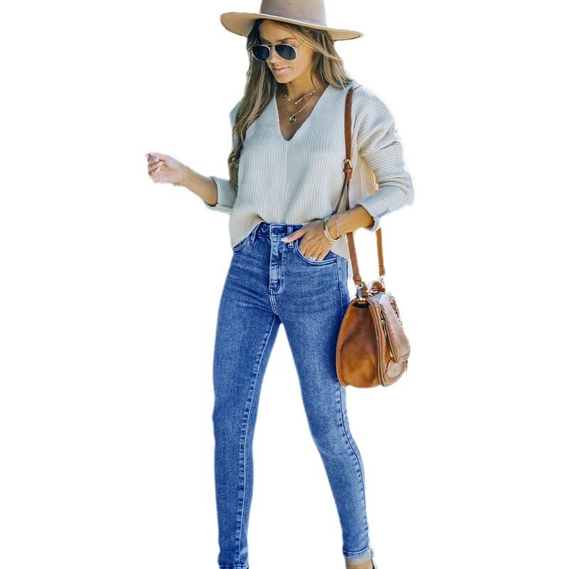 Leg pants new slim fashion washed dark denim cotton gray temperament commuter jeans women