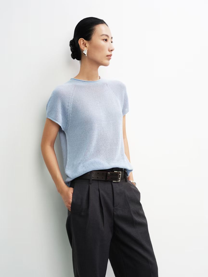 Imported Japanese Paper Yarn! Minimalist, Breathable, Slightly See-Through Short-Sleeve Knit Top with Rolled Edges, Dry and Breathable T-Shirt