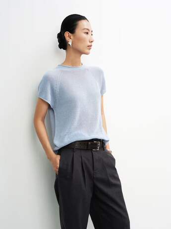 Imported Japanese Paper Yarn! Minimalist, Breathable, Slightly See-Through Short-Sleeve Knit Top with Rolled Edges, Dry and Breathable T-Shirt