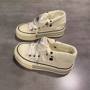 Women's High Canvas Shoes with Thick Sole for Spring 2025 Ins Trendy Korean Style White Shoes for Students