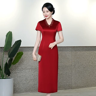 深圳高端中老年女装喜婆婆妈妈装醋酸旗袍夏季新款短袖礼服女爆款