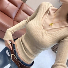 春秋女装新款 日韩辣妹时尚性感修身深V领长袖针织衫打底毛衣T恤