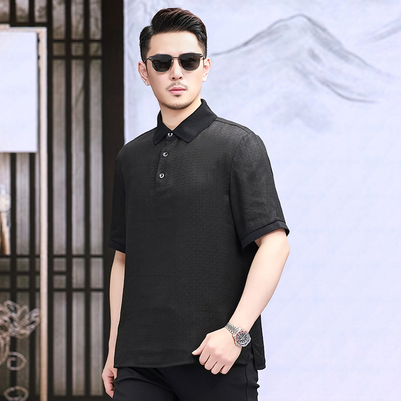 Áo polo nam tay ngắn lụa tơ tằm Xiangyunsha thoáng khí — Màu đen 2968