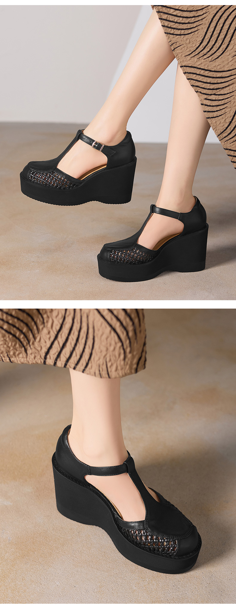 Sandal nữ cao gót đế dày 9,5 cm quai ngang khóa T — đen chi tiết 5