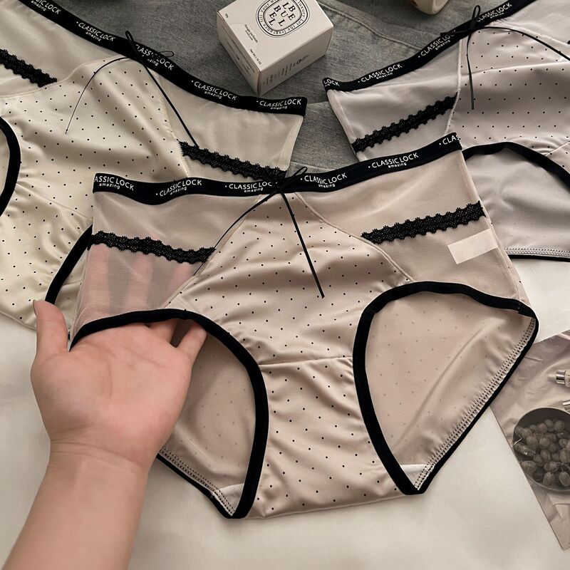 French-style pearl polka dot satin lace panties for women, pure and desirable, with bow, soft and nude feel, 10A antibacterial, extended crotch French-style pearl polka dot satin lace panties for women, pure and desirable, with bow, soft and nude feel, 10A antibacterial, extended crotch