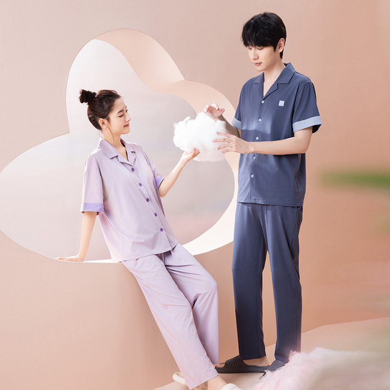 Youth Summer Couple's Pajamas Short-Sleeved Long Pants Set with Lapel Cardigan, Casual Home Wear for Men and Women with Chest Pads