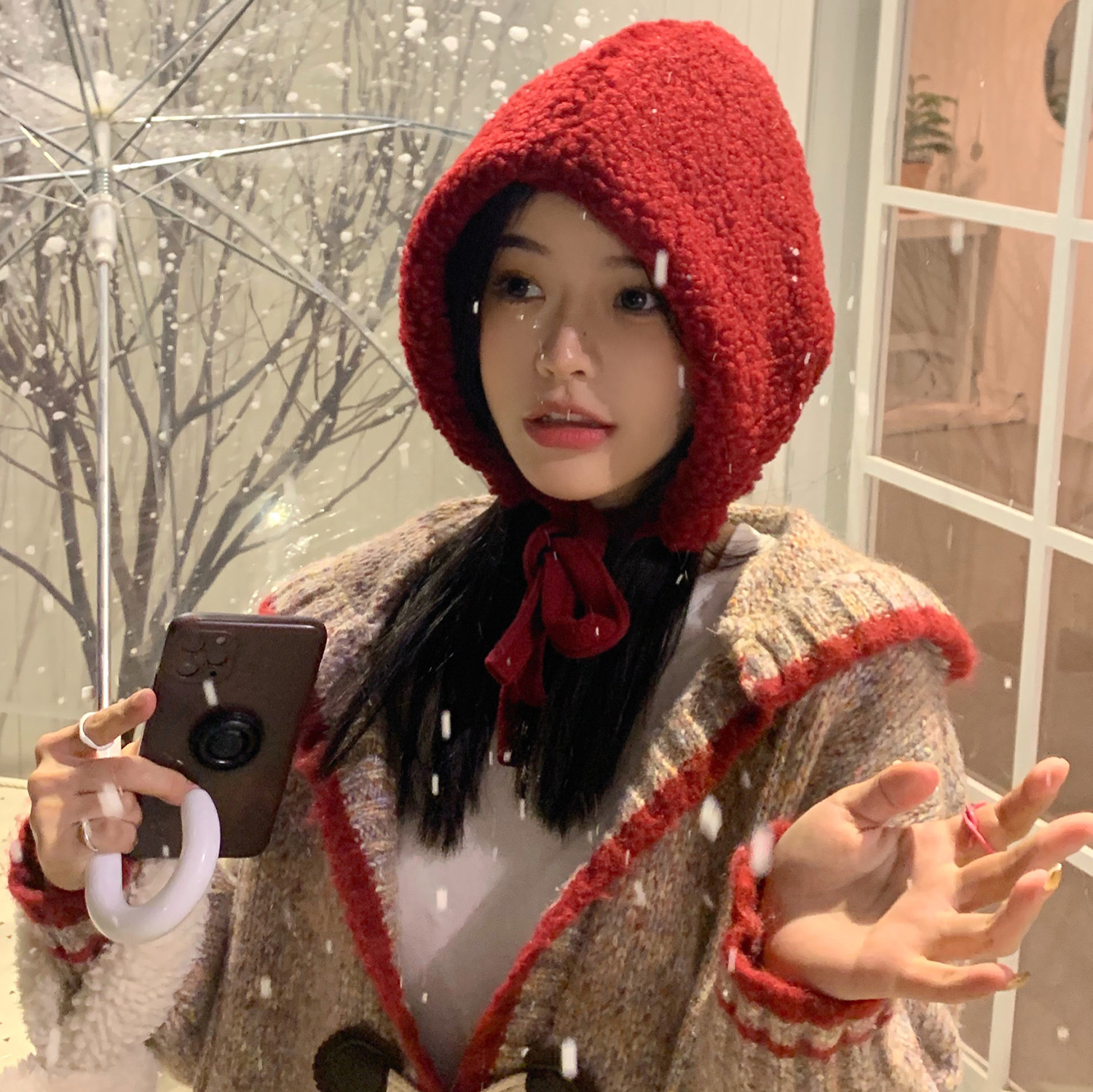Wolf Grandma's Witch Hat Polar Fleece Red New Year Hat Winter Warm Cold-proof Lei Feng Hat Women