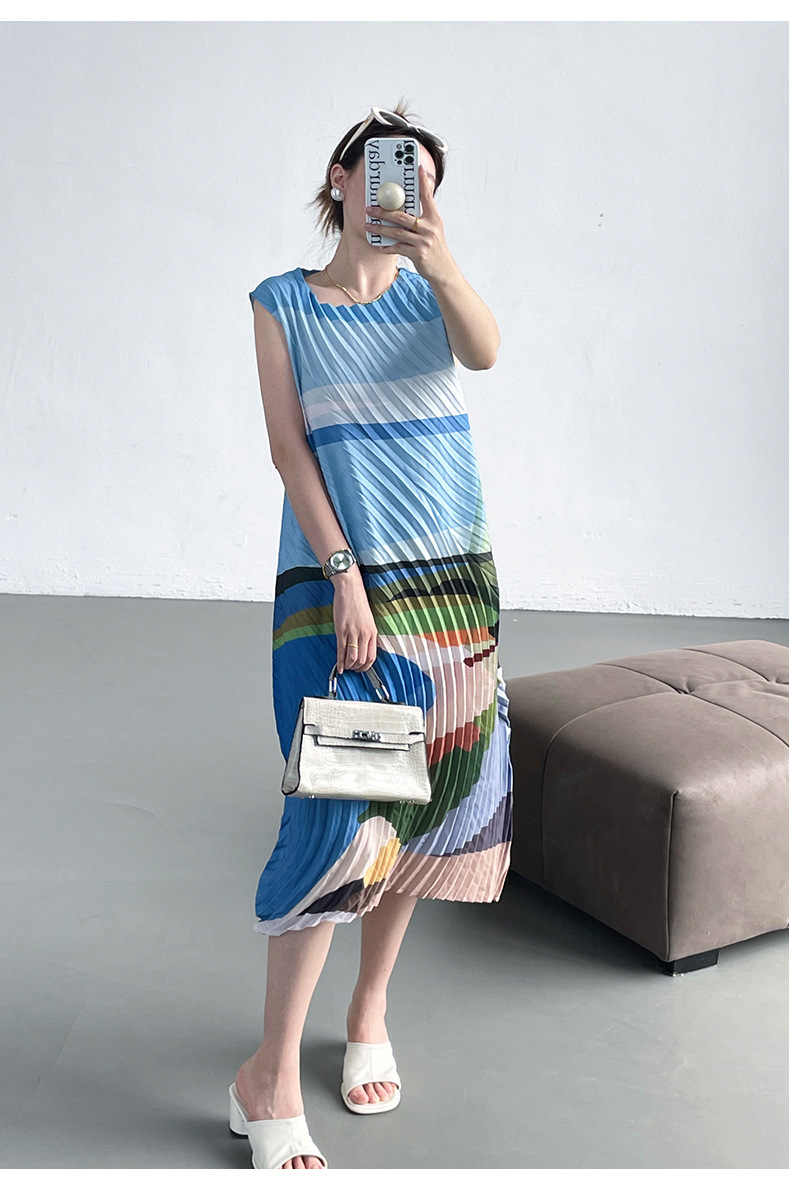 Váy maxi xếp ly in họa tiết hai dây dáng rộng thanh lịch — Màu xanh lam chi tiết 10