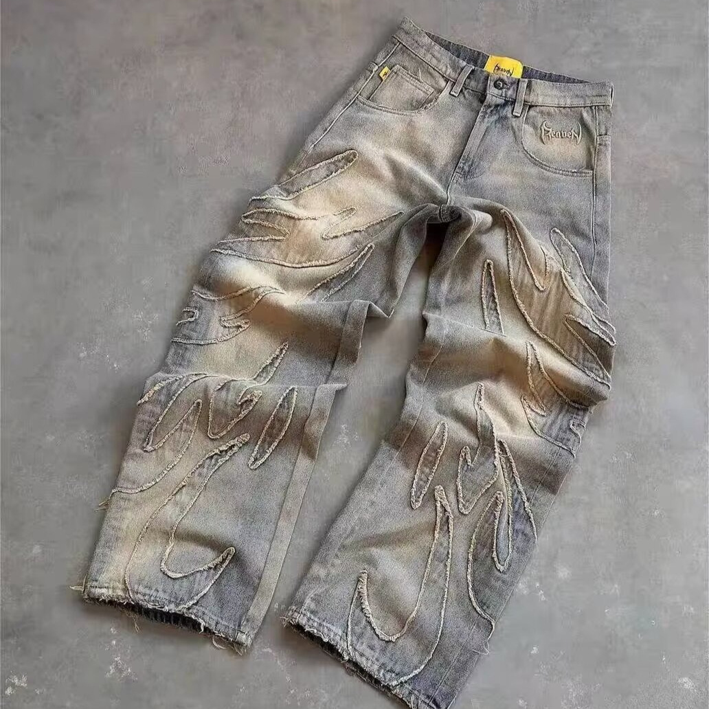 Vintage Embroidered Straight Leg Jeans For Men & Women – Relaxed Fit, Streetwear Fashion, Cotton Denim Pants (Black, Blue-Yellow)_mkmklike.com